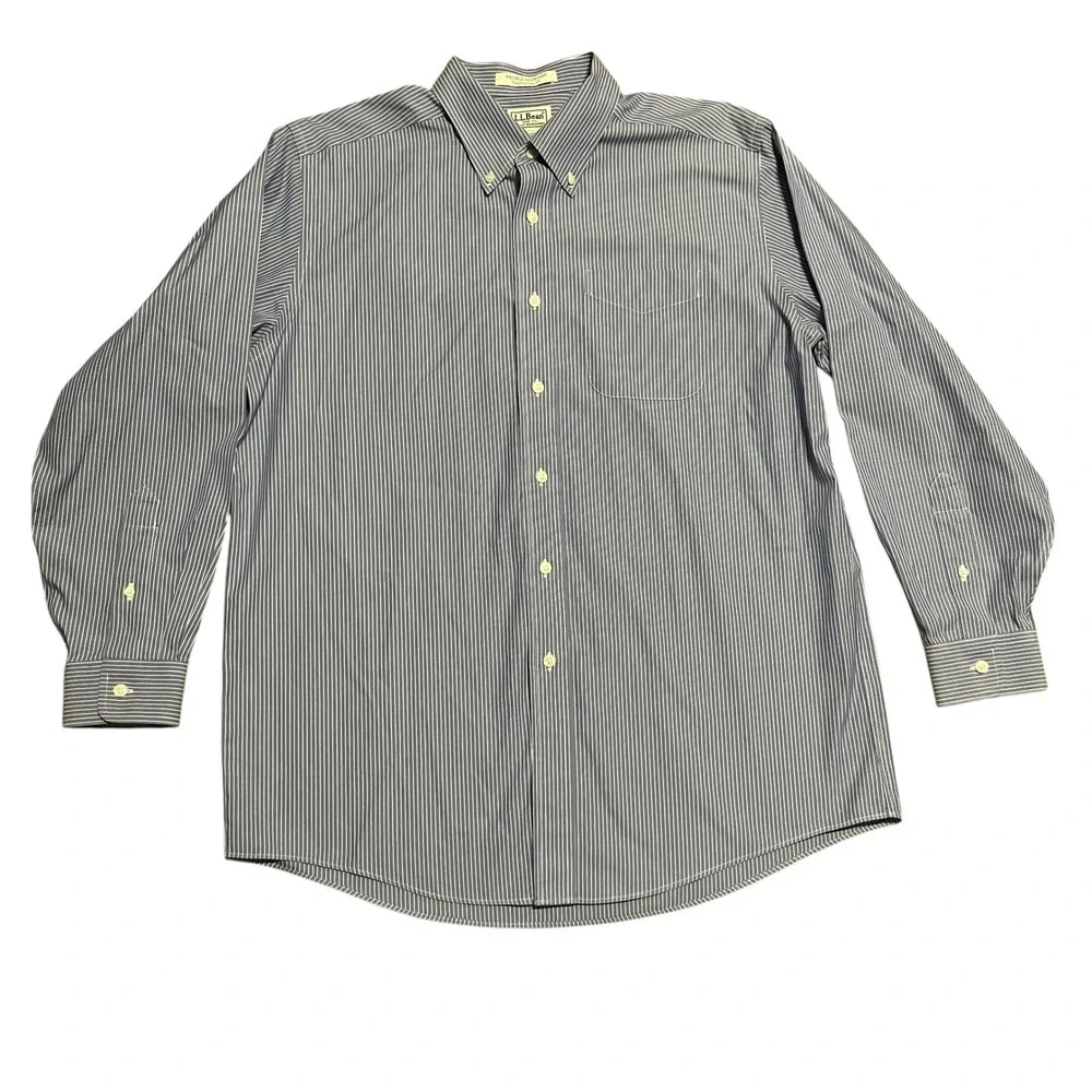 LL Bean Mens Blue White Pinstripe Wrinkle Resistant Shirt 16-33 Traditional‎ Fit